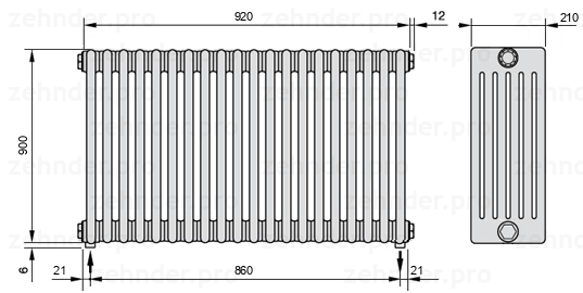 Схема (чертеж) Радиатор Zehnder Charleston 6090/20 №5310 Белый глянцевый RAL 9016
